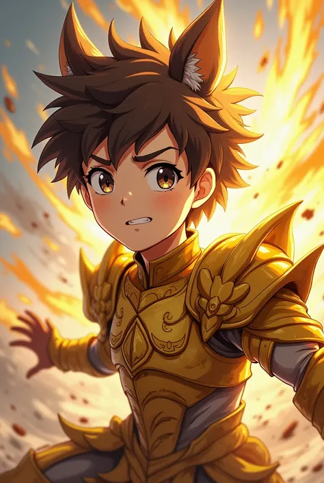 anime style boy,with golden aries armor,brown fur,making an attack