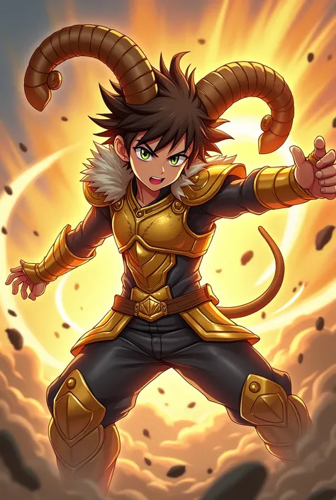 anime style boy,with golden aries armor,brown fur,making an attack