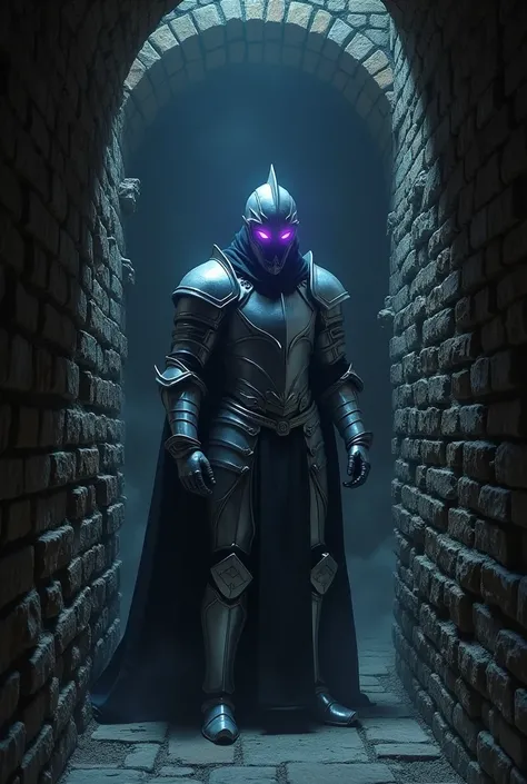 A dark brick room, a person in obscured white metal plate armor, with only two eyes glowing purple