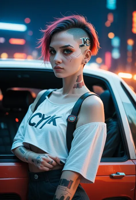 white woman with short hair, with punk clothes, ((in a cyberpunk city)) ((next to a cyberpunk car)) ((at night)) ((realism)) ((luvia))