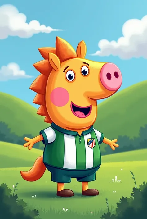 Draw Pedro Pony from Peppa Pig wearing a shirt from the Colombian Atlético Nacional football team 
