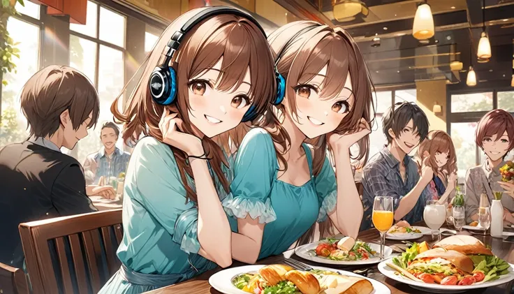 (Brown-haired girl wearing headphones), (Lunch with friends at a restaurant), (Very detailed, masterpiece, Highest quality, bright), (Anime Style)
background: Stylish restaurant look: Smiling costume having fun talking with friends: Cute casual dress pose:...