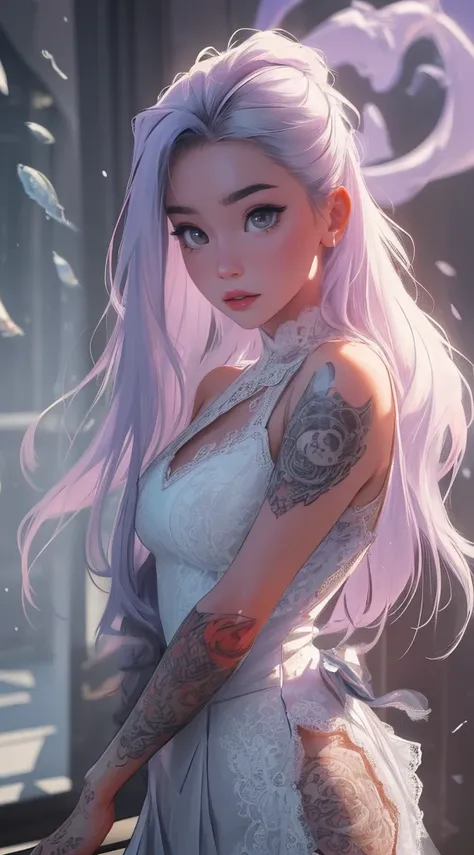 ((best qualityer)), ((work of art)), ((realisitic)), (detailded) lilac,offwhite,(fish eye), 1ghotic girl with flowing hair, melted, sexly, Lace Clothes, tattoos, many skulls, mandalas, cinematic, Spitz, ray tracing, sheen, luminosity