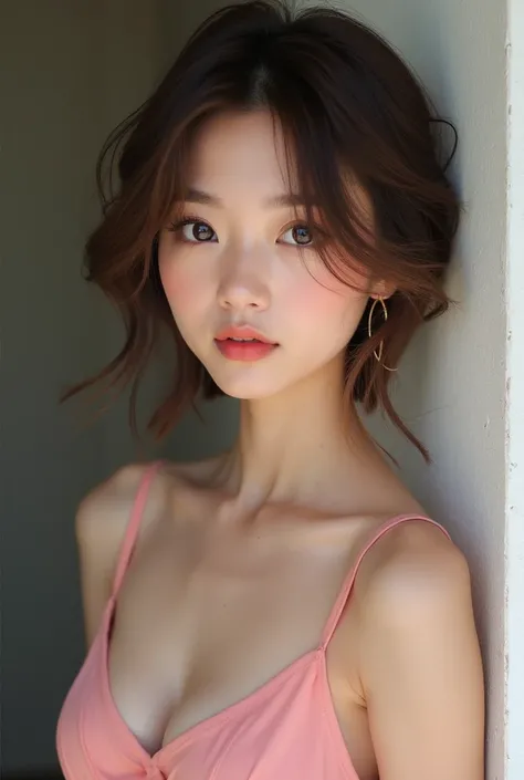 Thin strap camisole、hot pants、Pink sheer clothes、Look slim、(Short brown hair:1.2),  (Dark blue eyes:1.3)、Fine grain、Detailed face、Fine skin、Sidelong glance、Narrow eyes、Gentle expression、Casual Background、Mole under the eye、