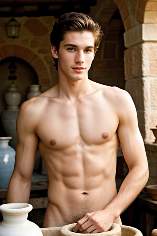 young, Beautiful, handsome, white, skinny, soft skin, beautiful face, shirtless, big penis in an old pottery making a vase with his brother lindo trasero