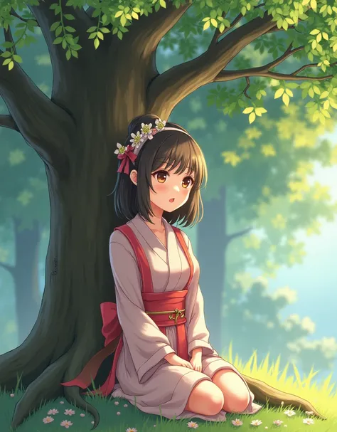 A girl，Tree，Anime style