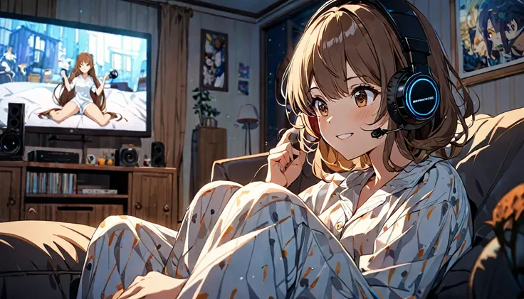 (Brown-haired girl wearing headphones), (Watching movies at home), (Very detailed, masterpiece, Highest quality, bright), (Anime Style)
background: Cozy living room look: Concentrating on the movie, looking happy, costume: Casual pajama pose: Sitting on th...