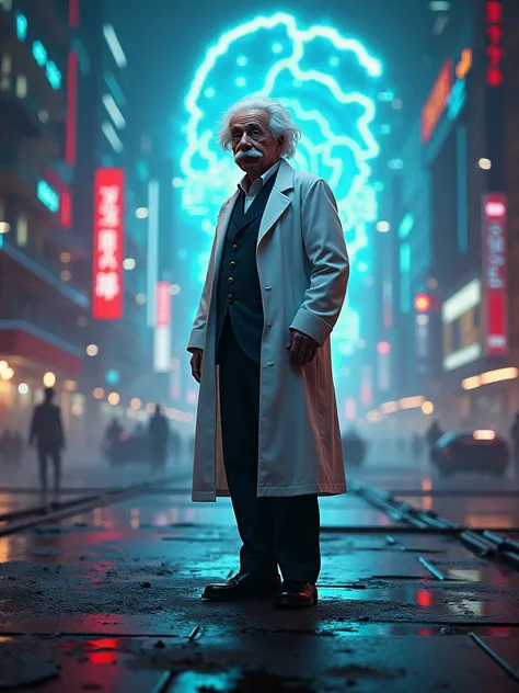 Matwell Technology  , Science fiction, Cyberpunk, Pixelation,  Malware glitches,  damn ,  Albert Einstein, Scientist coat,Ultra HD,chest circumference,Future horizon in the background, Many ideas came out of my mind