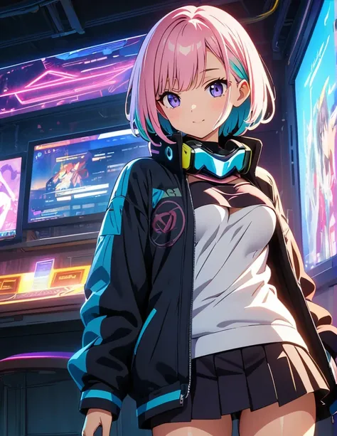 (anime artwork, anime style, studio anime, very detailed, up to date, vibrant, Anime Coloring, high contrast, masterpiece:1.2, best quality, best aesthetics),1 girl,cyber punk clothes, Medium chest, A glimpse of thighs,cyber punk hair, One eye is hidden by...