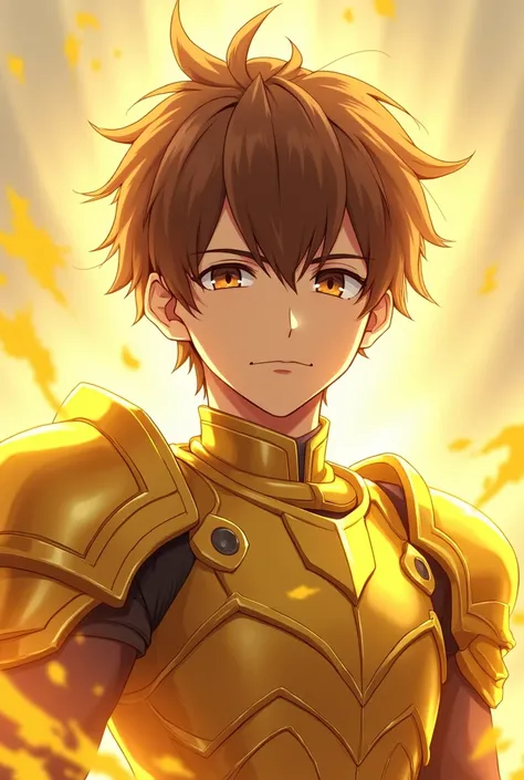 anime style,human boy,brown fur,Brown eyes,Golden armor,serious attitude,giving off a golden aura 