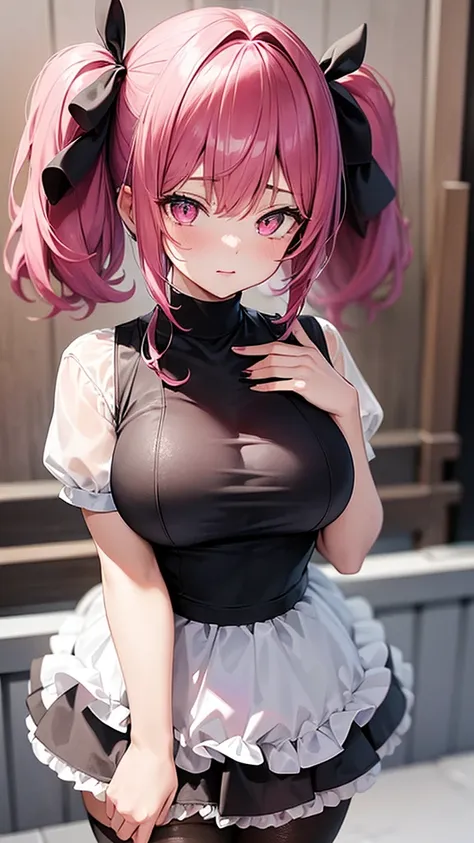 (Highest quality,High resolution,Very detailed,girl)black tights,Pink Hair,Twin tails and short hair,Height: 160cm,cute,Big Breasts,Pink Eyes,Wearing black clothes,Her eyes are white and shining,Has bright white eyes,Has a shy look,I&#39;ll lift up my skir...