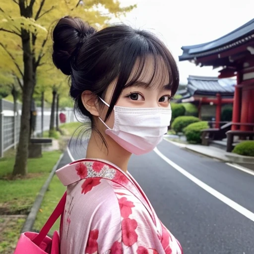 20-year-old women、Japanese、Beauty、The eyes are double、Beautiful Skin、Red kimono、Wearing a pink mask、Selfie、Bun hairstyle at the nape of the neck、Black Hair、