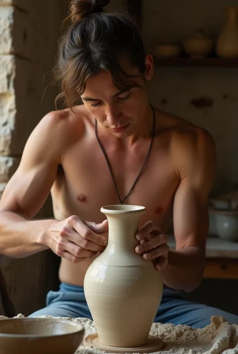 young, Beautiful, handsome, white, skinny, soft skin, beautiful face, shirtless, big penis in an old pottery making a vase with his brother linda cola con una abuela asu lado