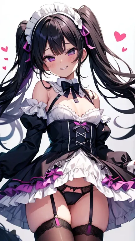 Wicked Smile、((Grin))　Hearts in the eyes　Sweating profusely　Embarrassed　Lolita　　Sticking out tongue　Black Hair　Straight hair　On the eyebrows　Small breasts　Purple sexy underwear　transformation　Lolita　garter belt　Sticky semen