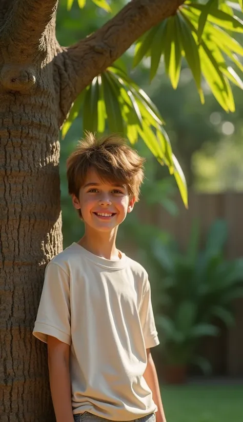 (photorealism:1.2), Justin Bieber, age 8, standing next to a large mango tree, smiling, casual clothing, sunny day, backyard setting, realistic style.