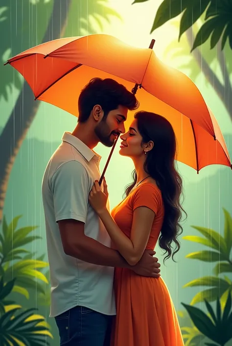 South indian couple with romantic look. Under the umbrella in a slow rain fall. Normal dress. Close shot. Hands on sholder looking straight. Kissing to the top face. Illustation image. In kerala