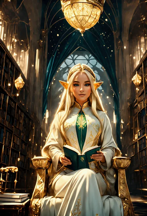 (((masterpiece, of the highest quality, High Definition, High detail)))), One, ((fancy)))), (elf woman)))), (short white skirt with gold embroidery), (long straight blonde hair), (bright dark green eyes), (green surcoat with gold embroidery), big, (((Natio...
