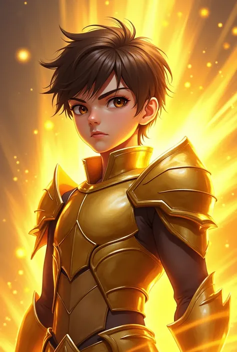 anime style,human boy,brown fur,Brown eyes,Golden armor,serious attitude,giving off a golden aura 