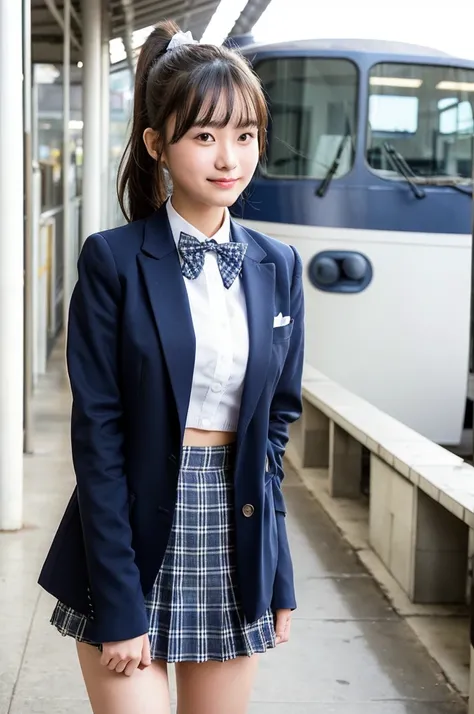 Girls at the station,Navy blue long-sleeved blazer,White collar with checkered bow tie,Grey Plaid Pleated Micro Mini Skirt,Navy blue knee socks,school bag,18-year-old,bangs,A small smile,Thighs,knees,Low ponytail with barrette,From the side,Front light, Lo...