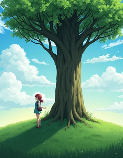 Tree，A girl，Anime style