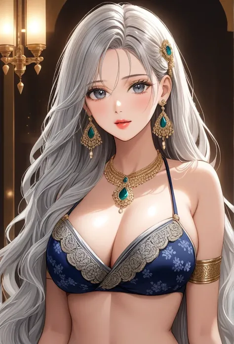 A beautiful woman with long white wavy hair, grey eyes, wearing an ornate designer saree, extremely detailed hair, extremely detailed eyes, extremely detailed body, (best quality,4k,8k,highres,masterpiece:1.2),ultra-detailed,(realistic,photorealistic,photo...