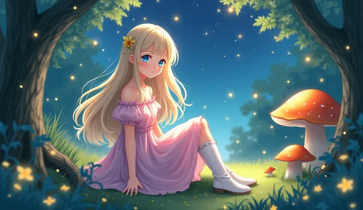 Anime girl with light blonde hair，With light blue eyes，Wearing a pink off-the-shoulder puff-sleeved dress and knee-high white boots，Sitting in the woods，Next to it is an orange mushroom，Surrounded by fireflies under the starry sky  