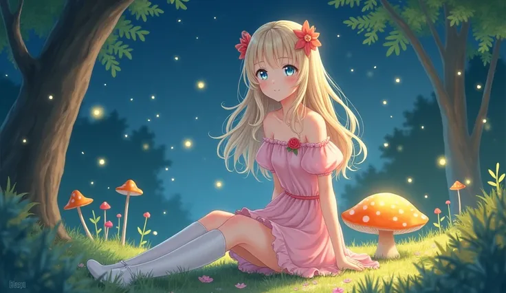 Anime girl with light blonde hair，With light blue eyes，Wearing a pink off-the-shoulder puff-sleeved dress and knee-high white boots，Sitting in the woods，Next to it is an orange mushroom，Surrounded by fireflies under the starry sky  