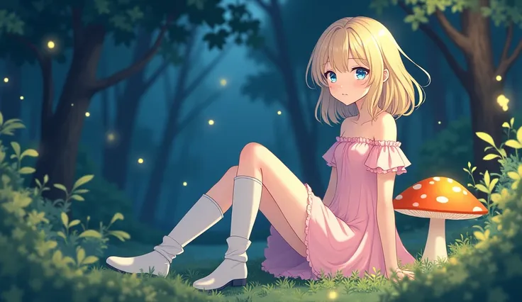 Anime girl with light blonde hair，With light blue eyes，Wearing a pink off-the-shoulder puff-sleeved dress and knee-high white boots，Sitting in the woods，Next to it is an orange mushroom，Surrounded by fireflies under the starry sky  