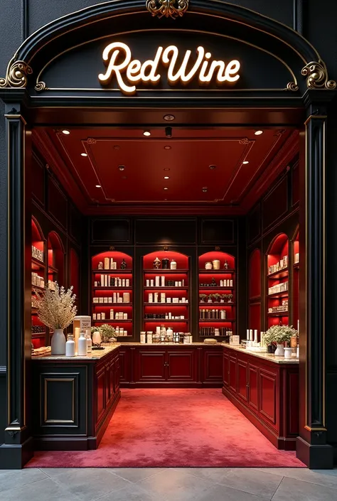 I want to create a store that sells skincare and makeup products, but not vintage glamour style, with rococo style details, in dark red colors, black and gold, external area with sign with the store name written RedWine