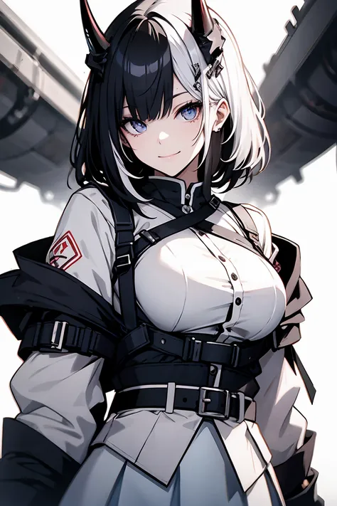 One Girl, whole body, White one-piece military uniform, (Tabletop:1.2, Highest quality), (Beautiful, detailed eyes: 1.2), (Beautifully detailed face), High Contrast, ( Very delicate and beautiful、), )),  very orange eyes, Large Breasts, Belt under the ches...