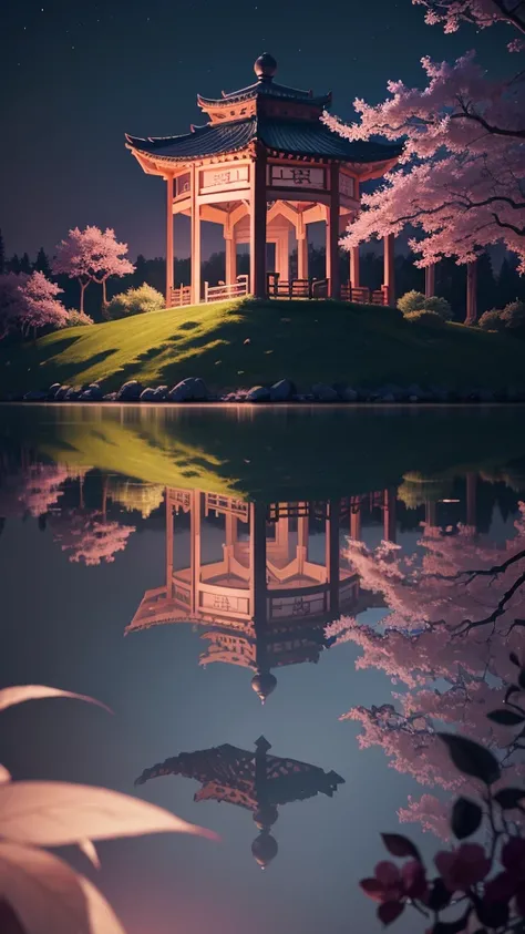 Gazebo on the lake，Shining Water Surface，night，Huge moon background，Purple tones，Paper print x1.5，Tilt Shift，Cloud x1.3，Plum blossom x1.2，Soft lighting，Oriental elements，dream-like，pastel colour，Bright colors，Traditional Chinese color scheme，Streamlined De...