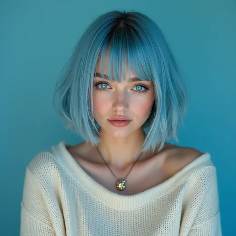 (Best quality, 8k, 32k, Masterpiece, UHD:1.2),Photo of Pretty 18 teen american woman, large breasts, very short bob hair,upper body,face focus,(oversized_sweater,:1.1) necklace, background, looking at viewer, leaning forward, (((blue hair with sliver bangs...