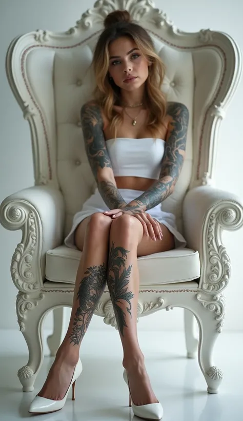 a beautiful young girl, 4K, Extremely detailed, Intricate tattoos, smokes, Expressive beautiful face, Long eyelashes, Wearing a white short top and a white miniskirt, Wearing dreamy white high heels, Sitting on the white throne, Cross your legs, Sexy, Perf...