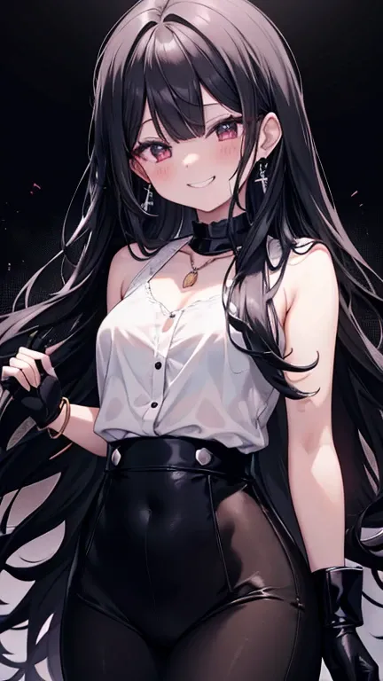 Long straight black hair　cute　anime　front　　Tight black suit　White shirt　Drooping eyes　Patsunpatsun　Sweat　Embarrassed　Wicked Smile、((Grin))　Mole under the mouth　Bracelet　Shoulder Bare　Lace black gloves　necklace　Earrings　Double teeth