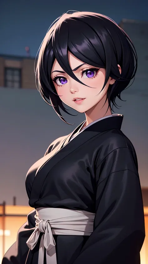 Well done work highly detailed with high resolution, sharp lines and colors, perfect lighting, face detailed, detailed hair, eye detailed, detailed nose, detailed lips. a beautiful girl with short black hair, purple eyes and a short smile wearing a black k...