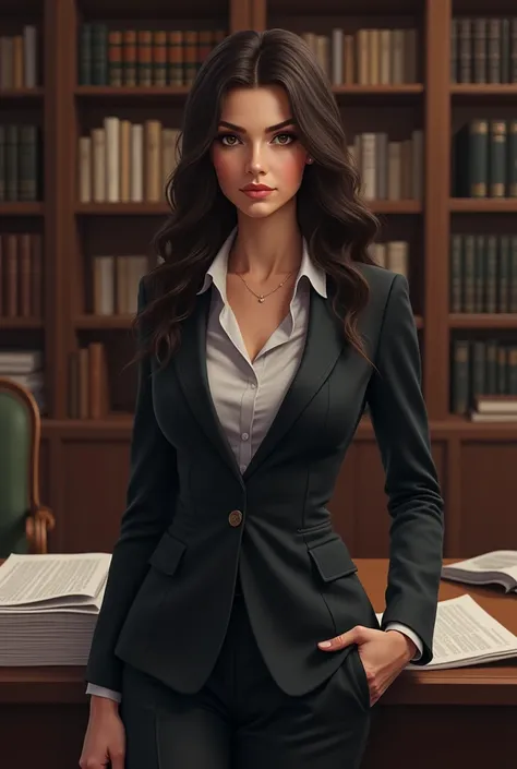 A woman lawyer, dark brown hair, dark shaped eyes, skin fair, medium height, dressed in a women&#39;s suit, in a law office