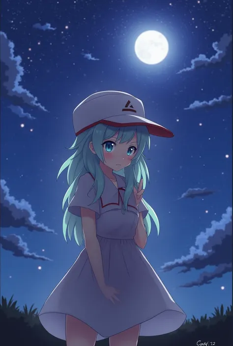 masterpiece, Best Quality, 1 girl, dawn (Pokémon), cap, by the wide, For the blue, blue eyes, looking at the viewer, ashamed, blush, sweat, night dress,