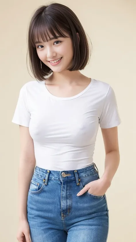 (Highest quality:1.5), (Real:1.4), (Ultra high definition:1.4), (No correction:1.4), (18 years old Japanese girl with big breasts standing front plain background), (Short stature girl), (Asymmetrical bangs), (short hair), (White T-shirt), (jeans), (18 year...