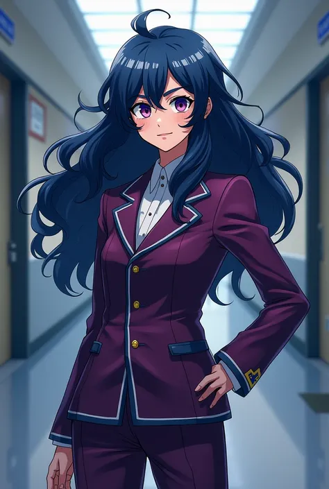 Create a character with My hero academia style Hair: long wavy blue-black hair with a white lock in the front Pose: with the traditional uniform of the academy in the hallway of this Face: dark purple eyes, parts, and with strong humor 