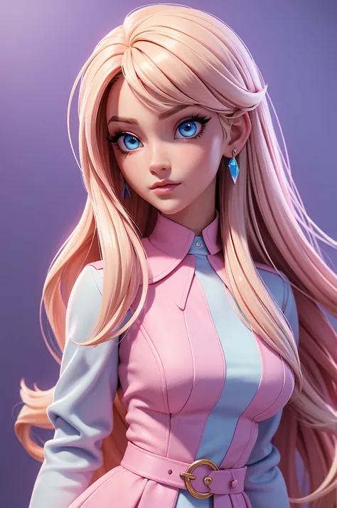 work of art, best qualityer,Trabalho de renderização 3d,Estilo 3dMM, close up, portraite, 3d,1 girl, standing alone, face perfect, long hair, blue school uniform academy , long light blonde hair dyed with a shade of pink and with cute, well-combed bangs, p...