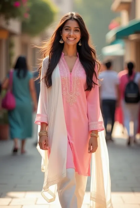 An Indian first year college girl dressed up in pink suit, white salwar, white dupatta and pink shoe