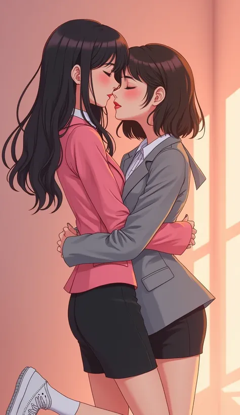 Two girls, yuri, (The first girl wear a pink suit, bkack pencil skirt, white socks, white sneakers), (The second girl wore a grey suit, black pencil skirt, white socks, white sneakers), french kiss, lesbian kiss, hugging, sensual body, closed eyes, novel c...