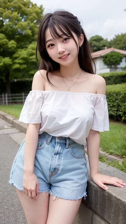 1 girl, 20 years old, cute、、big breasts、、rift, Off shoulder t-shirt, Blush、happy smile, messy hair、revealing clothes、open clothes、collarbone、 delicate、bird&#39;s eye view、Highest quality、HD, 16ก, Extra resolution.realistic:1.4 , UHD