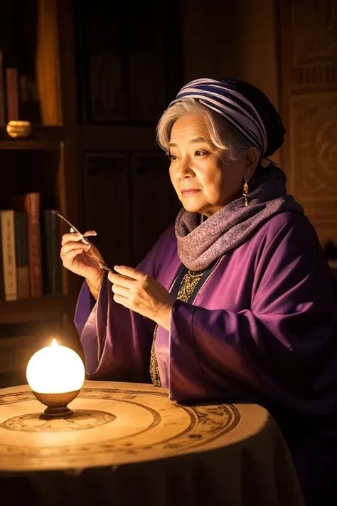 Create an image of a fat, dignified old woman fortune teller.。She has a heavy build、The face is round、Deep wrinkles、It is imbued with years of experience。Gazing into the crystal ball with sharp, clear eyes。She wears a luxurious robe with mystical symbols o...