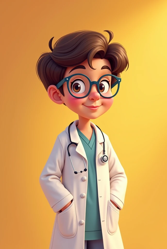 Short and young clinical psychologist, with glasses and a robe in a cartoon
