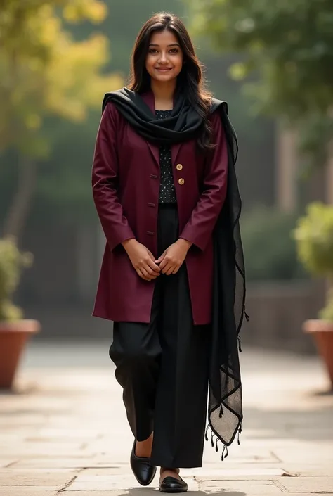 An Indian first year college girl formally dressed up in dark maroon suit, black salwar, black dupatta and black shoe