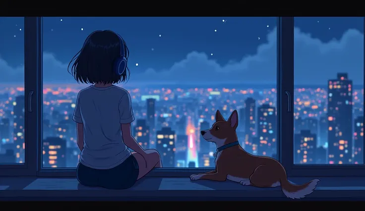 Girl sitting on balcony , Feel the view outside、look , Focus on the night city ,2D Game Art Styles ,Chinstill 50, Put headphones on your ears , Sing a song , at night, Colorful animation skills, A dog is sitting next to a girl,Deep Sea Wind,LOFI