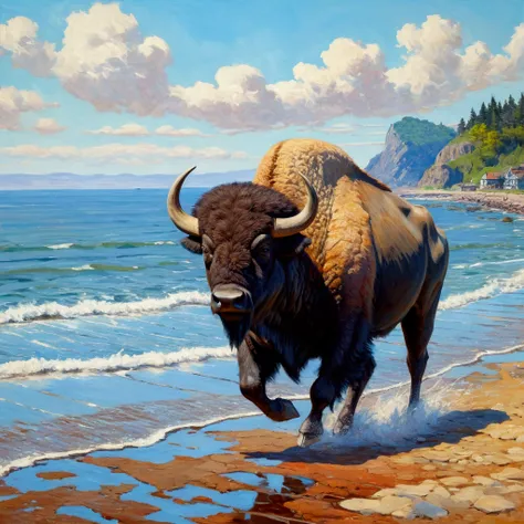 Running along the seaside１Buffalo、It has horns、masterpiece, Highest quality, High detail, High-resolution model, Focus: 135mm, Concentrated line, far and near method, Impressionism, abstract, abstract絵画, Monet, Northern Renaissance, Anatomically correct, H...