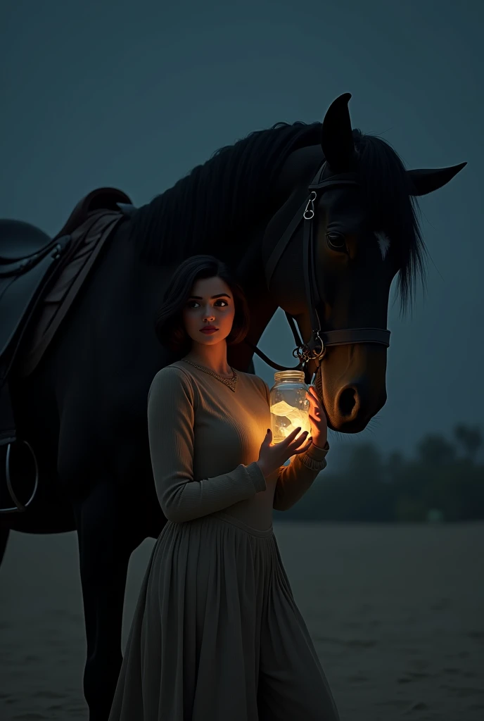 A stylish  Pakistan girl with bob haircut 
Sitting on sand
Leaned to a horse back 
In a dark scary night 
She has a glass jar in her hand
She is pulling a folded paper from the glass jar  