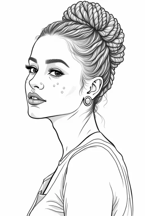 Portrait of young exotic beautiful ethnic basin woman with dimples in cheeks, line art, coloring book, realistic, hyper detailed, braided updo with baby hairs. 